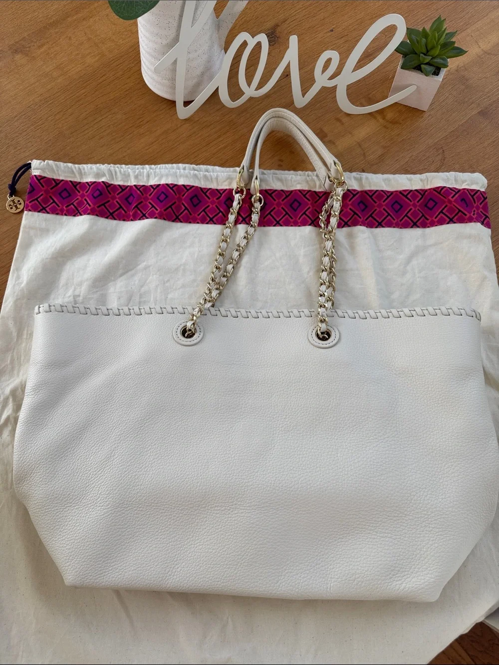 Tory Burch White Leather Chain-Handle Tote with